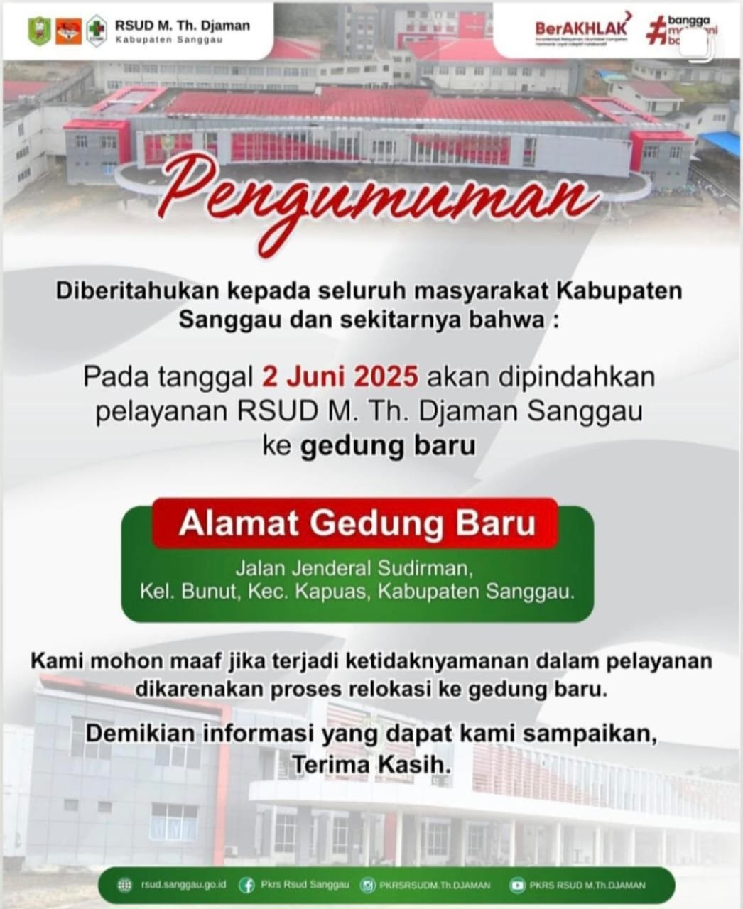 Pengumuman Resmi: RSUD M. Th. Djaman Sanggau Pindah ke Gedung Baru Mulai 2 Juni 2025